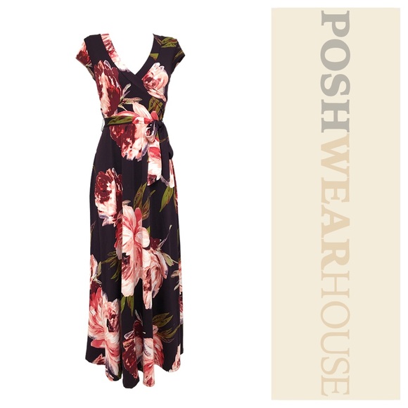 Olivia Mathews Dresses & Skirts - OLIVIA MATHEWS Plum Floral Faux Wrap Maxi Dress